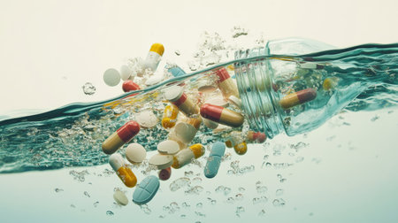 Colorful capsules and pills floating and splashing in clear water. The image captures the dynamic interaction between medication and liquid, symbolizing healthcare themes.の素材