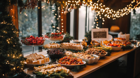 A beautifully arranged holiday buffet featuring a variety of dishes, from savory appetizers to sweet desserts, surrounded by twinkling lights for a festive atmosphere.の素材