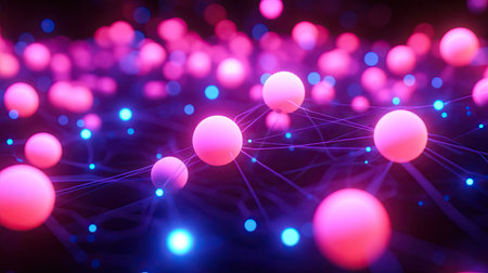 This colorful abstract image showcases vibrant spheres connected by glowing lines, creating a dynamic and energetic visual effect ideal for digital art or scientific themes.の素材