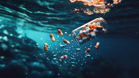 Capsules escape from a glass bottle, creating an enchanting underwater scene. The vibrant orange and white colors contrast beautifully with the deep blue water.の素材