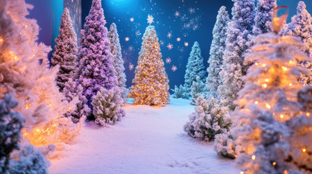 A charming winter scene featuring snow-covered pine trees adorned with sparkling lights. This magical setting captures the spirit of the festive season.の素材