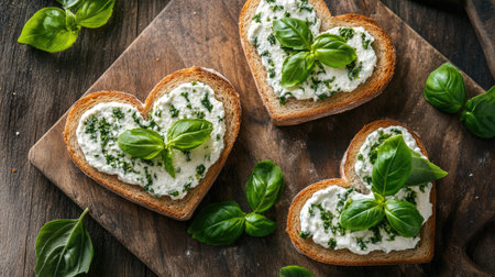 Heart-shaped toast topped with creamy spread and fresh basil leaves, beautifully arranged on a wooden board. Perfect for romantic meals or gatherings.の素材