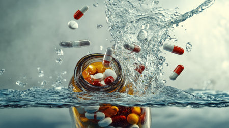 A stunning visual of colorful capsules splashing in water from a glass bottle, symbolizing health and vitality. Ideal for medical and wellness themes.の素材