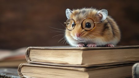 A charming hamster wearing glasses sits atop a stack of old books, creating a cozy and whimsical scene that combines curiosity and cuteness in a warm indoor setting.の素材