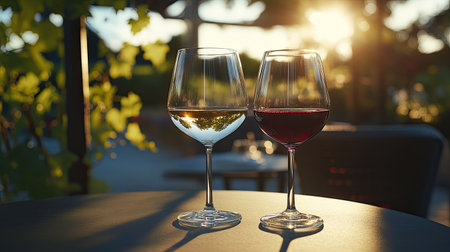 Two elegant wine glasses, one filled with red wine and the other with white wine, are set on a table during a beautiful sunset, reflecting a moment of relaxation and enjoyment in nature.の素材