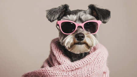 This adorable dog in sunglasses and a pink sweater captures the essence of style and cuteness. A perfect portrait showcasing playful personality and charm.の素材