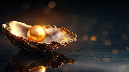 A stunning golden pearl nestled in an exquisite oyster shell, illuminated with soft lighting. This image embodies luxury, nature's beauty, and elegance.の素材