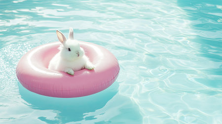 A charming white bunny relaxes on a pink float in a serene pool, capturing the essence of summer leisure and playful innocence with sparkling water.の素材