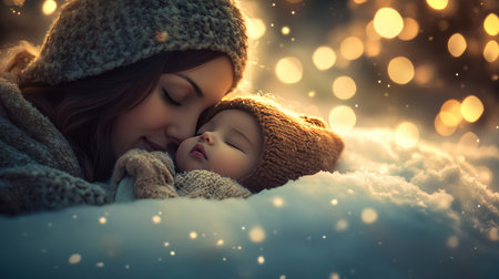 A heartwarming scene of a mother tenderly embracing her child in a snowy landscape, showcasing love and warmth amidst gentle snowflakes and soft bokeh lights.の素材