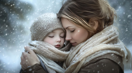 A touching moment between a mother and her child captured in a snowy setting. Their warm embrace and cozy attire evoke feelings of love, tenderness, and familial bonds amidst winter's chill.の素材