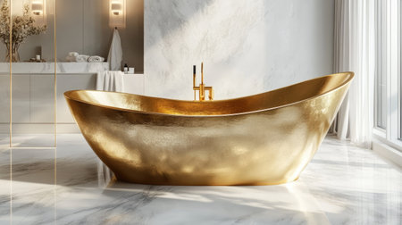 A stunning gold bathtub takes center stage in a modern bathroom, surrounded by elegant marble and soft lighting, creating a serene and luxurious atmosphere.の素材