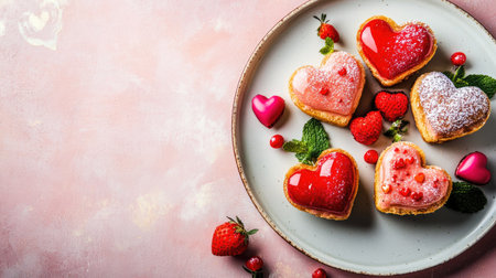 A delightful display of heart-shaped desserts featuring strawberries and raspberries on a plate, ideal for romantic occasions or celebrations.の素材