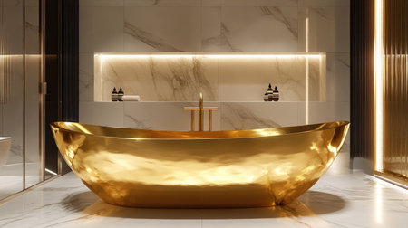 Discover a stunning golden bathtub in a contemporary bathroom, radiating elegance and luxury. This modern design features sleek lines and a relaxing ambiance.の素材