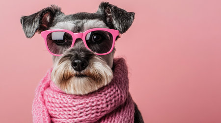 A charming dog wearing pink sunglasses and a knitted scarf poses stylishly against a soft pink background, showcasing playful personality and trendy vibe.の素材