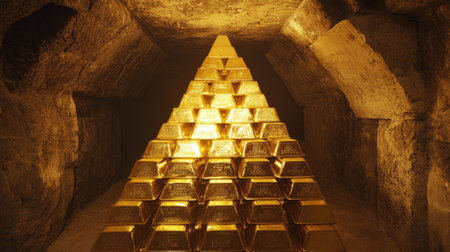 An impressive pyramid of golden bars illuminated in an ancient underground vault. The stone walls and unique lighting create a lavish treasure atmosphere.の素材