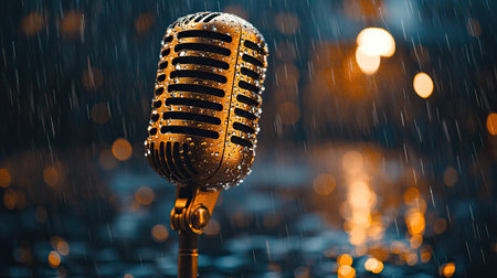 A beautifully detailed vintage microphone shines under rain, surrounded by glowing bokeh lights. Perfect for themes of music, creativity, and emotions.の素材
