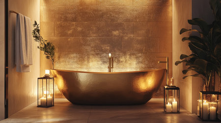 Experience tranquility in a luxurious bathroom featuring a stunning golden bathtub, ambient lighting, soft candles, and lush greenery for a serene escape.の素材