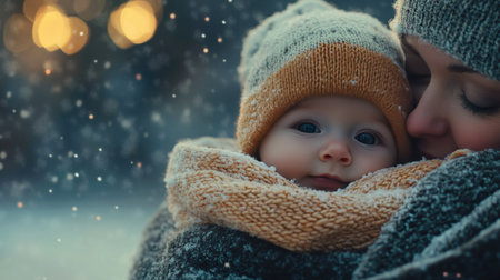 A heartwarming scene of a mother lovingly embracing her baby in a snowy environment, capturing the essence of warmth, love, and family connection amid winter's beauty.の素材
