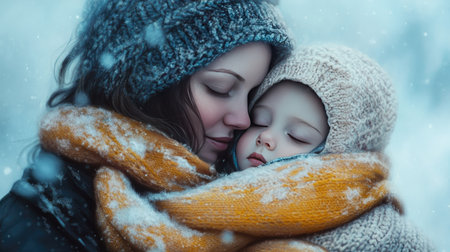 A touching moment captured in a snowy landscape, featuring a mother gently embracing her sleeping child. This image evokes warmth, love, and tranquility during winter.の素材