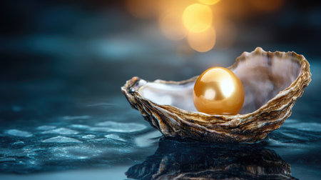 A captivating image of a golden pearl nestled in an oyster shell, resting gracefully on a calm water surface. This serene scene highlights nature's beauty and luxury.の素材