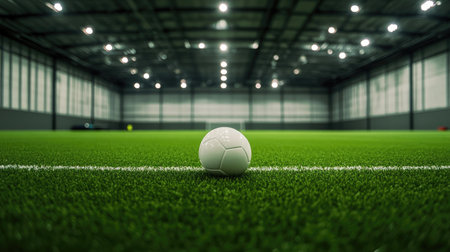 A pristine indoor soccer field featuring a white ball resting on vibrant green artificial turf. The spacious facility offers a bright environment for sports activities.の素材