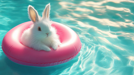 A charming white bunny enjoys a moment of leisure on a pink float in a sparkling pool, creating a playful and vibrant summer scene filled with joy.の素材