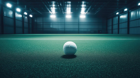 A solitary indoor soccer ball rests on vibrant green turf in an empty sports hall, illuminated by overhead lights, symbolizing anticipation for the game ahead.の素材