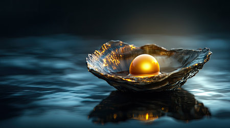 A captivating golden pearl rests in a delicate shell upon a tranquil water surface, reflecting soft light. This artwork embodies luxury, serenity, and natural beauty.の素材