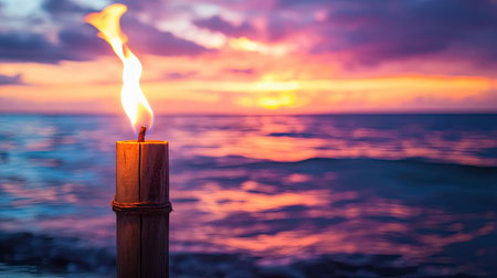 A vibrant candle flame flickers against a breathtaking sunset over ocean waves, creating a tranquil and inviting atmosphere, perfect for relaxation.の素材