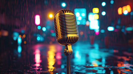 A stunning vintage microphone stands tall against a vibrant city backdrop. The golden shine contrasts beautifully with colorful lights and reflections in the rain.の素材