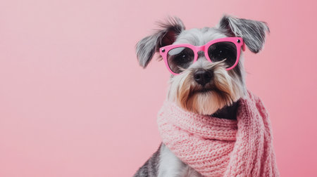 A fashionable dog wearing stylish pink sunglasses and a cozy scarf poses against a vibrant pink background, showcasing its adorable character and playful vibe.の素材