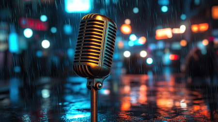 A vintage microphone stands elegantly in a rainy urban setting, surrounded by colorful city lights and deep reflections, capturing the essence of nightlife.の素材