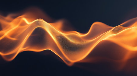 This captivating abstract image features flowing waves of orange light on a dark background. The smooth curves create an energetic and vibrant atmosphere perfect for creative projects.の素材
