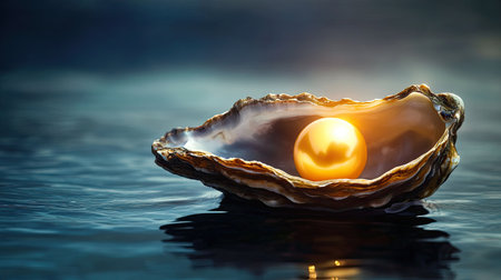 An exquisite golden pearl sits gracefully in an open oyster shell, resting on a calm water surface. The serene scene captures nature's beauty and luxury.の素材