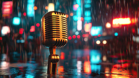 A vintage microphone stands alone in the rain-soaked streets, illuminated by vibrant neon lights. This evocative image captures the essence of urban nightlife and artistic expression.の素材