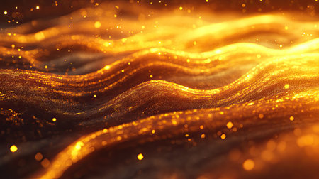 A captivating scene featuring shimmering waves of golden light with sparkles. The dynamic motion creates a mesmerizing and luxurious visual effect, perfect for artistic and elegant design projects.の素材