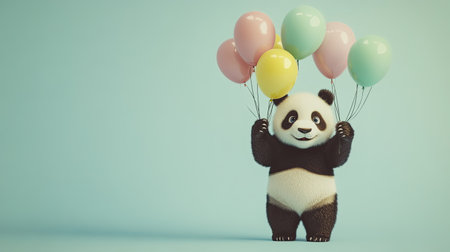 A charming panda character joyfully holds a bunch of colorful balloons against a soft pastel backdrop, embodying playfulness and celebration. Perfect for cheerful designs.の素材