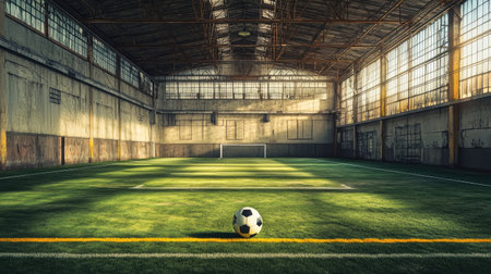 An indoor soccer field featuring a single ball resting on the grass, illuminated by natural light streaming through warehouse windows, creating an atmospheric setting.の素材