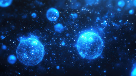 This stunning image showcases glowing blue particles in a deep space setting, creating a mesmerizing cosmic backdrop that is perfect for science and technology themes.の素材