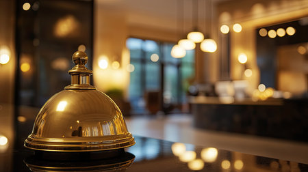 A luxurious reception area featuring a golden service bell on a sleek counter, creating a warm and inviting atmosphere in a modern hotel lobby.の素材