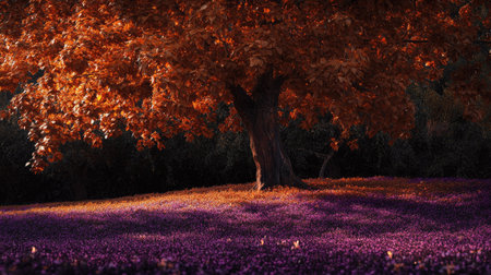 A stunning autumn tree with vibrant orange leaves stands over a lush field of purple flowers, creating a picturesque and serene landscape perfect for nature lovers.の素材