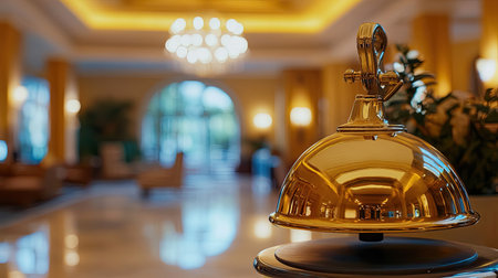 A stunning golden reception bell sitting prominently in a luxurious hotel lobby, surrounded by elegant decor and ambient lighting, inviting guests into a welcoming atmosphere.の素材