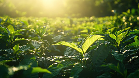 A serene view of green leaves thriving in a lush plantation, illuminated by warm sunlight, showcasing the beauty of nature and the peaceful environment of agriculture.の素材