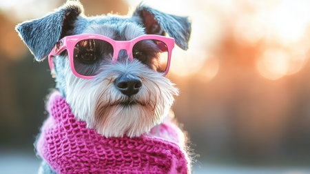 A charming small dog wearing vibrant sunglasses and a cozy scarf poses outdoors. The warm background creates a delightful atmosphere, highlighting the pet's playful personality.の素材