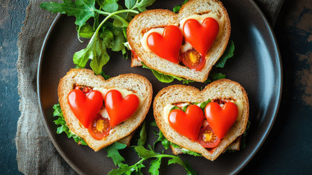 Heart-shaped sandwiches crafted with fresh ingredients and vibrant tomatoes create a charming display perfect for romantic meals or special occasions.の素材