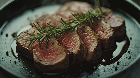 A delectable close-up of succulent grilled beef steak garnished with fresh rosemary, presented elegantly on a dark plate, showcasing a rich and savory meal.の素材