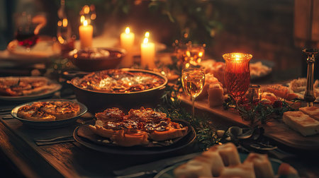 A beautifully arranged dinner table adorned with candles and a variety of delicious foods. The warm glow creates a cozy atmosphere for a festive gathering.の素材
