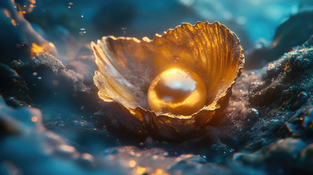 A stunning golden pearl rests inside a beautifully opened shell on the ocean floor, surrounded by luminous water, creating a serene and magical underwater scene.の素材