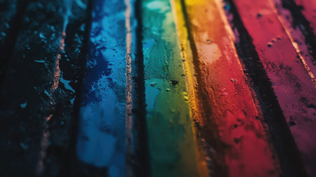 A close-up view of colorful water droplets on an abstract rainbow surface, showcasing vibrant hues and textures. The wet design creates a visually striking and artistic atmosphere.の素材