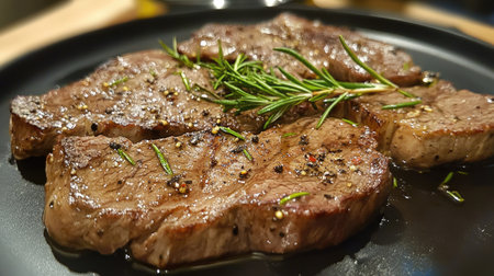 Close-up of a succulent grilled steak garnished with fresh rosemary and black pepper. This mouth-watering dish showcases the perfect combination of flavor and texture, ideal for any dinner occasion.の素材